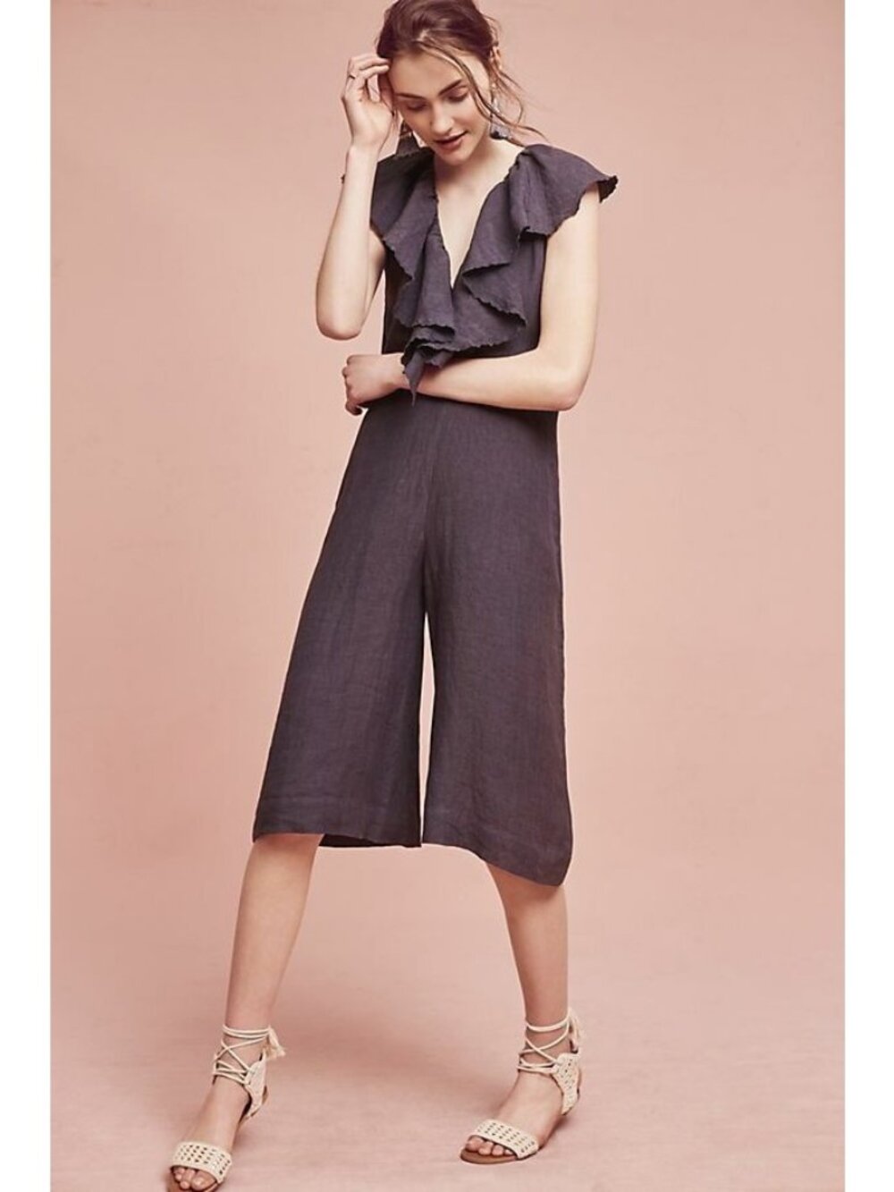 MARIA STANLEY Gray Linen Blend Cascada Cropped Ruffle Jumpsuit Size XS NWOT